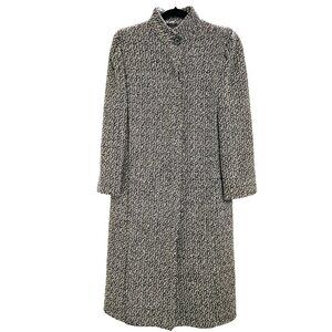 Vintage Tweed Wool Trench Coat Black White Ivory High Collar, Fits S